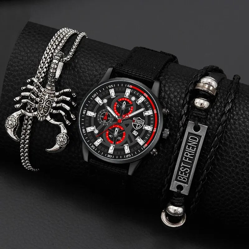 3PCS Set Mens Watches Necklace Bracelet Business Casual Wrist Watch Best Friend-Men Watches Gift Set-All10dollars.com