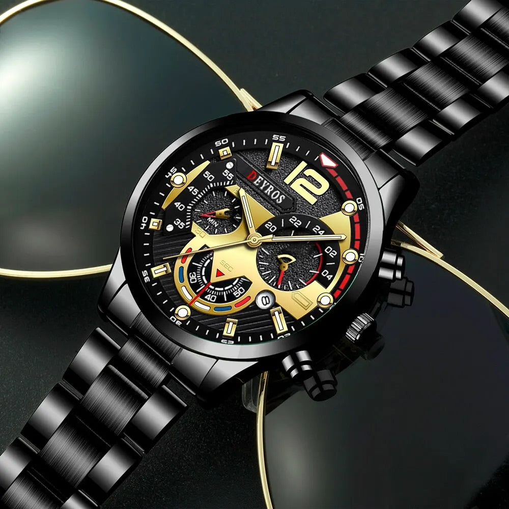 3PCS Set Turnel Luxury Men Quartz Watch Necklace Bracelet Gift Set-Mens Black Stainless Steel Wrist Watch-All10dollars.com