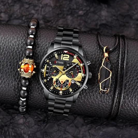 3PCS Set Turnel Luxury Men Quartz Watch Necklace Bracelet Gift Set-Mens Black Stainless Steel Wrist Watch-All10dollars.com