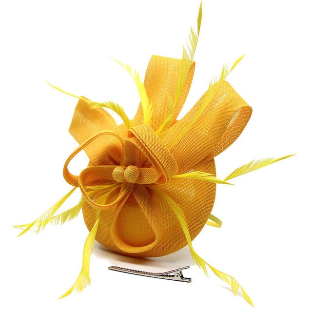 Ladies Women Fascinator Flower Feather Hat Headband Wedding Party Mesh Headpiece-Yellow-All10dollars.com