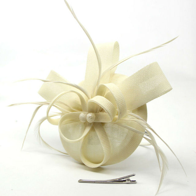 Ladies Women Fascinator Flower Feather Hat Headband Wedding Party Mesh Headpiece-Beige-All10dollars.com