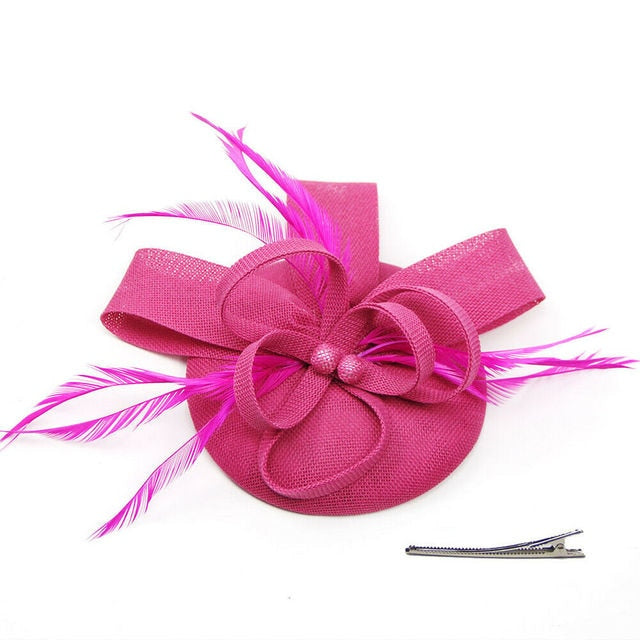 Ladies Women Fascinator Flower Feather Hat Headband Wedding Party Mesh Headpiece-Rose Red-All10dollars.com