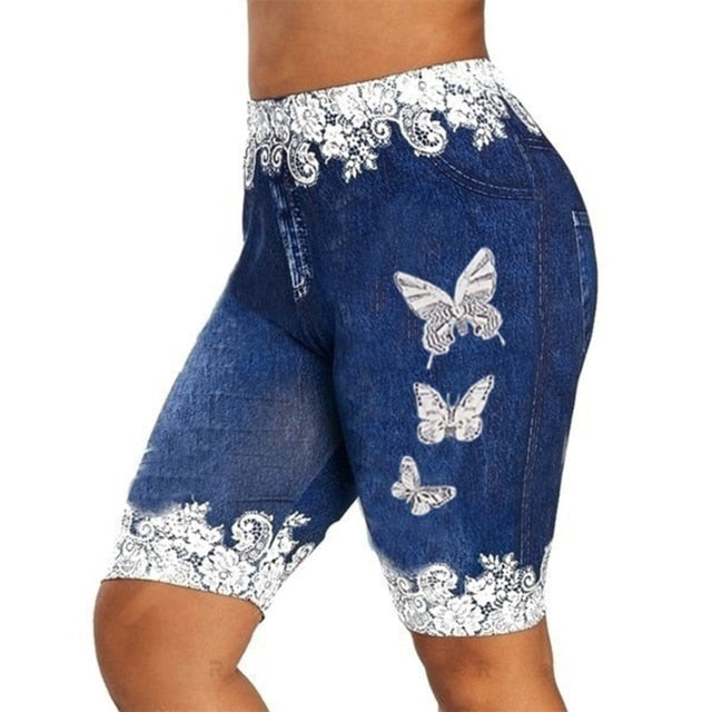 Women Pants Shorts Leggings Denim Ladies Short Pants Summer Floral Printed High Waist-Blue-L-All10dollars.com