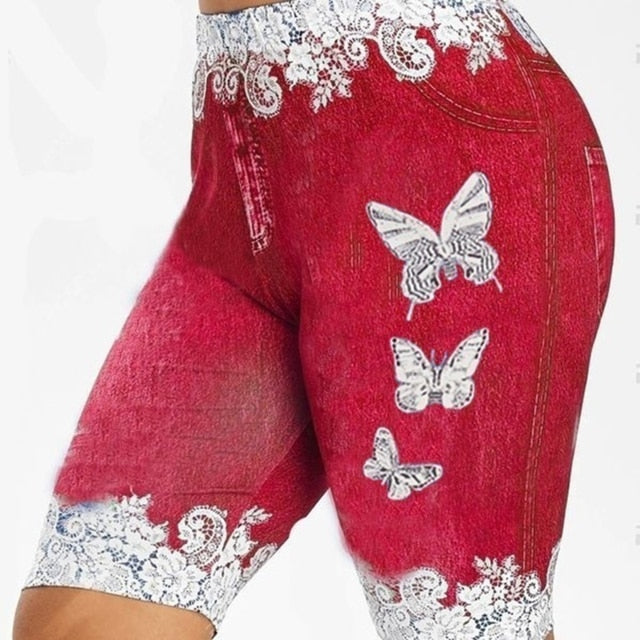 Women Pants Shorts Leggings Denim Ladies Short Pants Summer Floral Printed High Waist-Red-S-All10dollars.com
