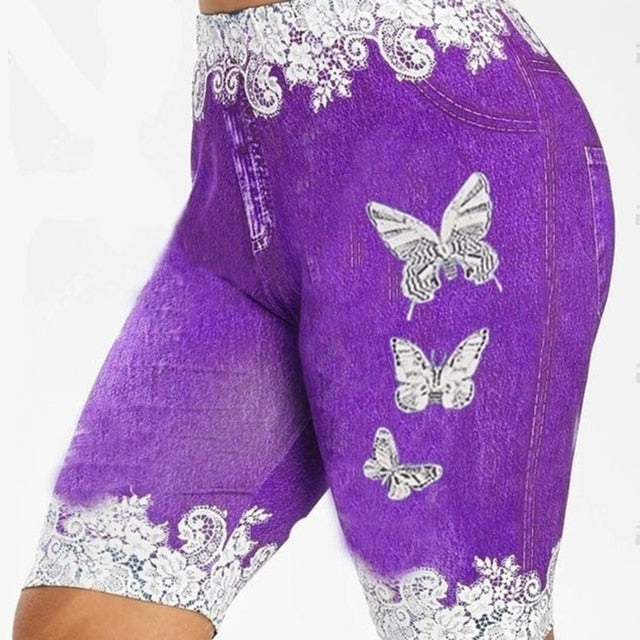 Women Pants Shorts Leggings Denim Ladies Short Pants Summer Floral Printed High Waist-Purple-XXL-All10dollars.com