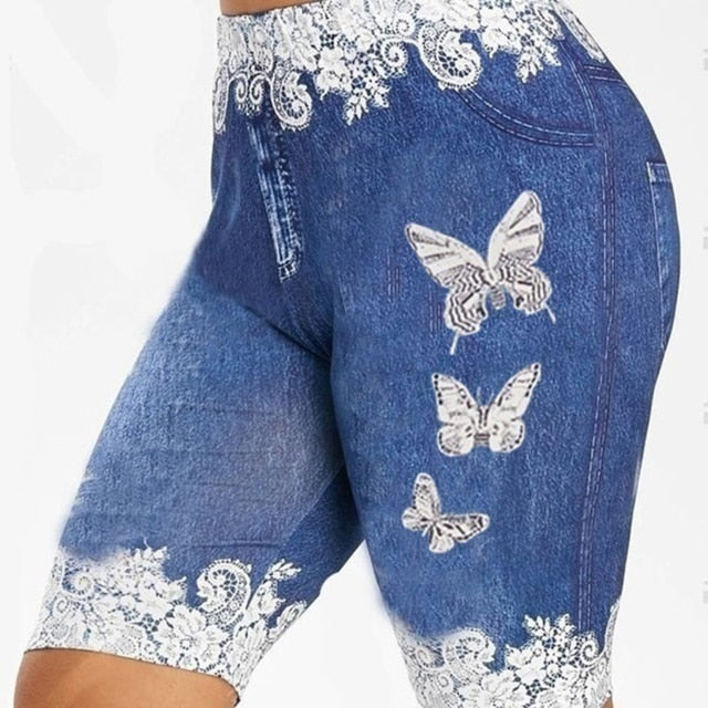 Women Pants Shorts Leggings Denim Ladies Short Pants Summer Floral Printed High Waist-Light Blue-XL-All10dollars.com