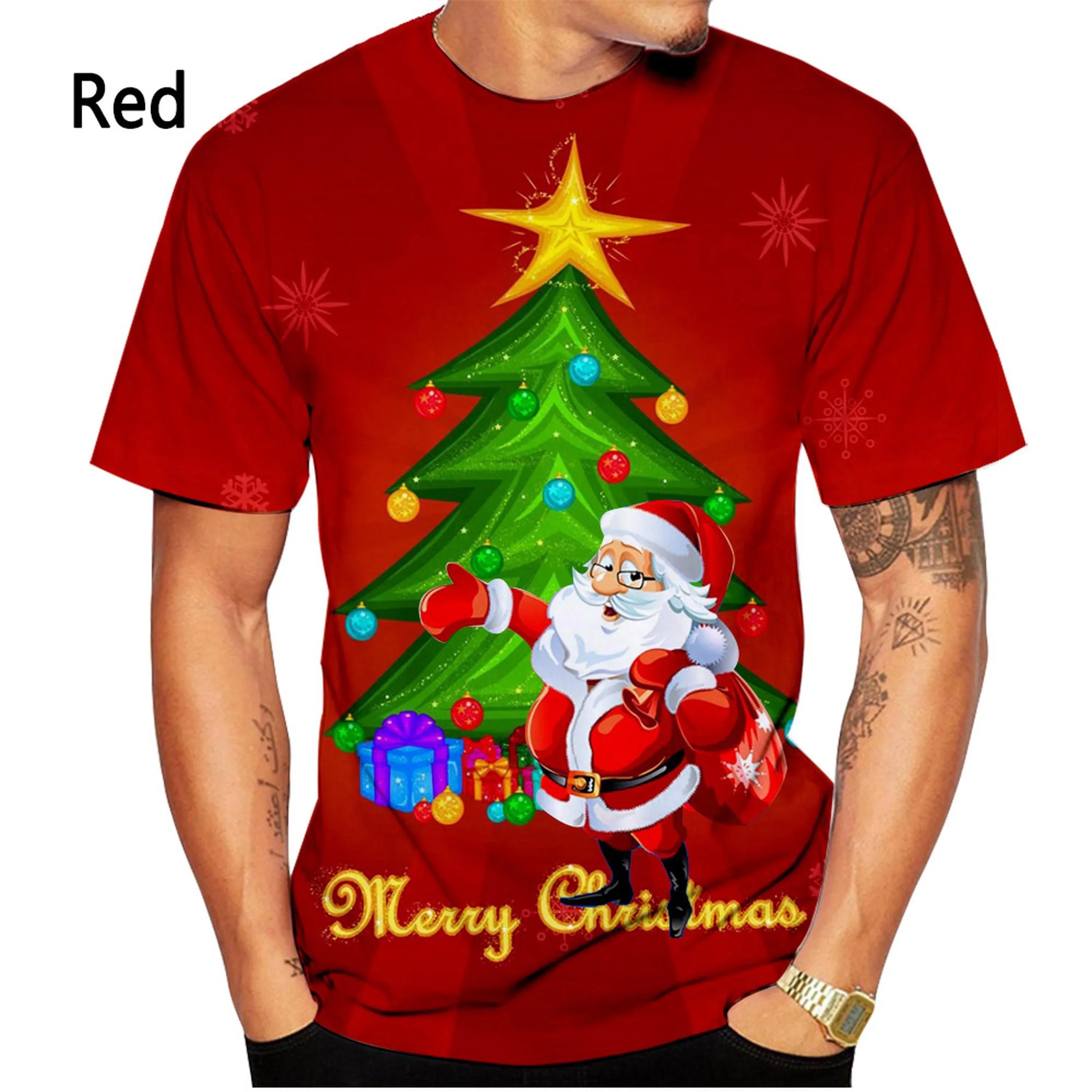 3D Printed T-shirts Christmas T-shirts Men and Women Short Sleeved Santa Shirt Tops-Red-XS-All10dollars.com