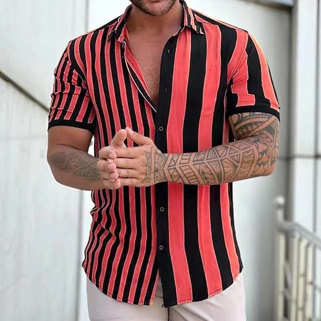 Fashion Stripes Gents Summer Shirt-Mens Short Sleeved Shirt linen-red 2-S-All10dollars.com