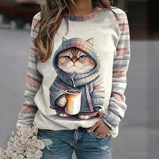 Cotton Long Sleeve T-Shirts Women Funny Kawaii Cat Animals Print Sweatshirts-All10dollars.com