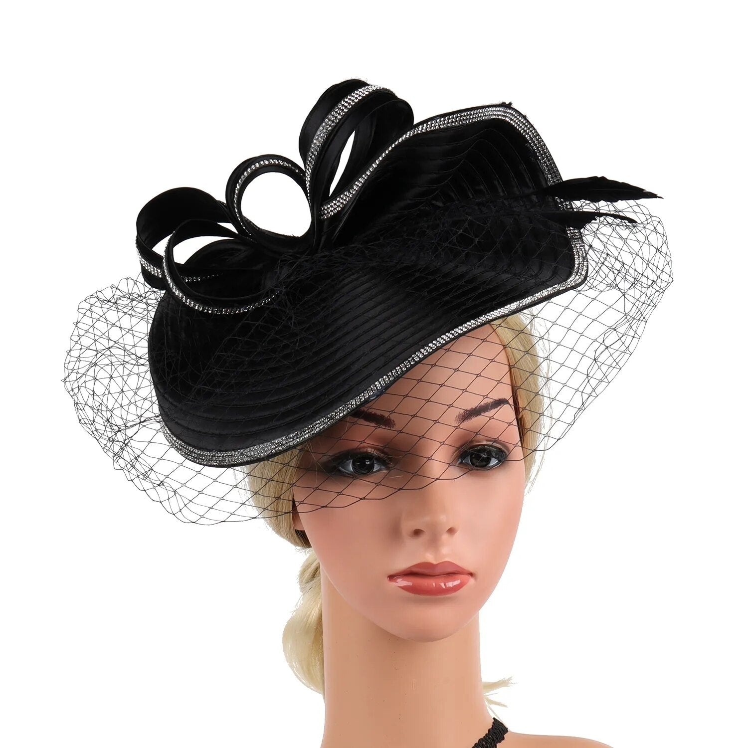 Women Derby Hats Veil Headband Tea Party Fascinator Kentucky Church Hats-wedding hat-Black-All10dollars.com