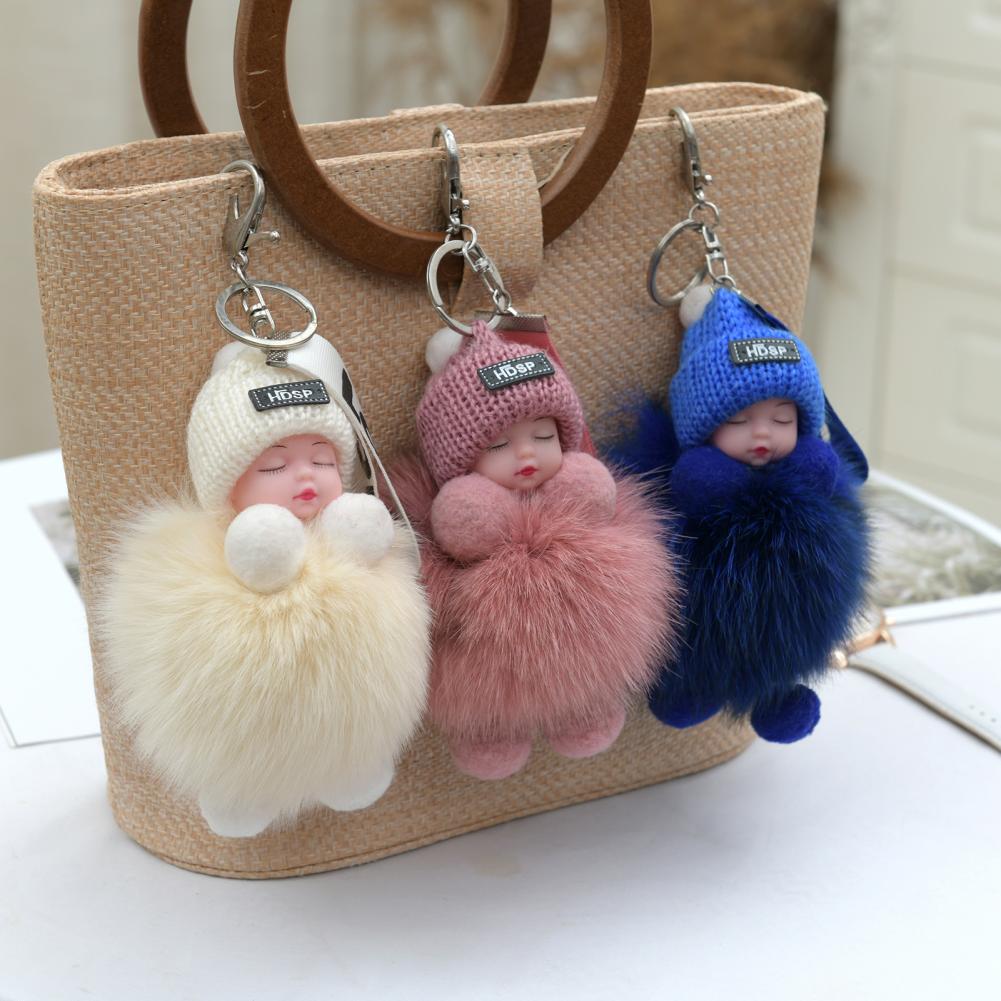 Pompom Sleeping Baby Keychain Cute Fluffy Plush Doll Fashion Multi-colored Knitted Hat Wear Cars Key Ring Gift for Women-baby keychain-All10dollars.com