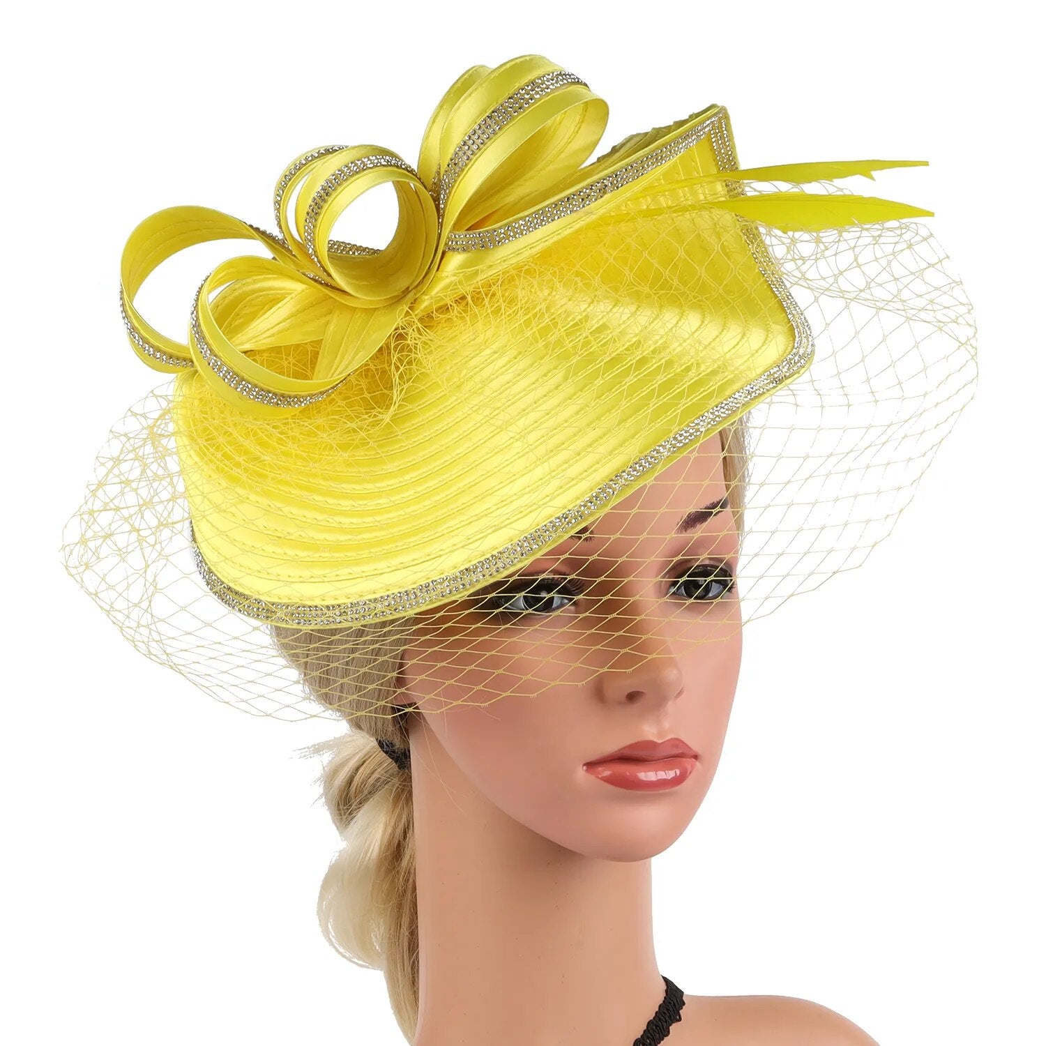Women Derby Hats Veil Headband Tea Party Fascinator Kentucky Church Hats-wedding hat-Yellow-All10dollars.com