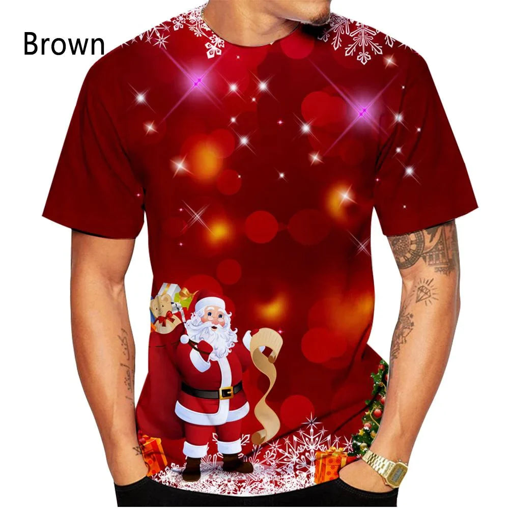 3D Printed T-shirts Christmas T-shirts Men and Women Short Sleeved Santa Shirt Tops-Burgundy-XS-All10dollars.com