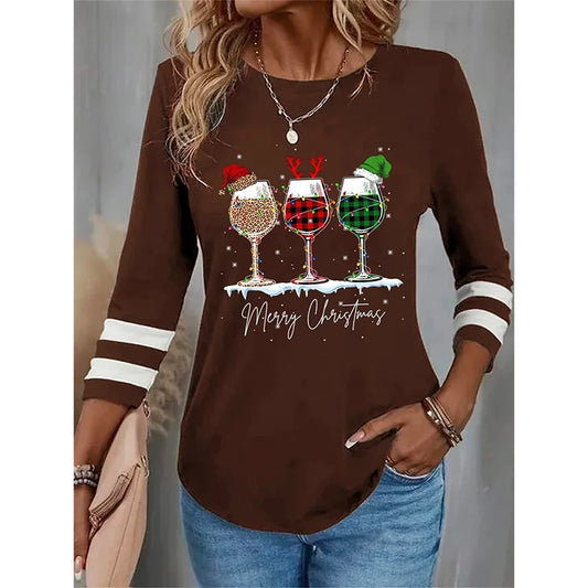 Burgundy Christmas Sweater Women Girl Wine Cup 3d Printing T-Shirt Cotton Long Sleeve Shirt-christmas shirt-W010203-HH11627-S-All10dollars.com