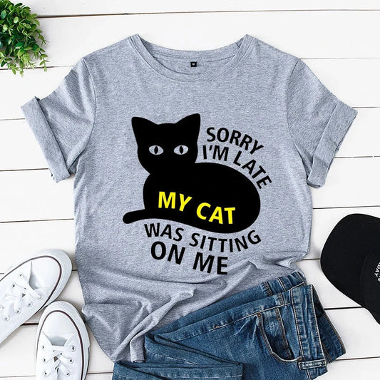 Women T-shirt Cat Sorry I'm Late My Cat Was Sitting on Me Funny Cat Cartoon-1028-4-S-All10dollars.com