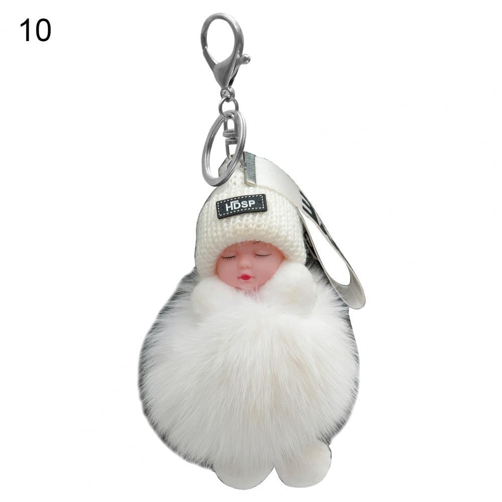 Pompom Sleeping Baby Keychain Cute Fluffy Plush Doll Fashion Multi-colored Knitted Hat Wear Cars Key Ring Gift for Women-baby keychain-10-All10dollars.com