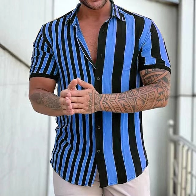 Fashion Stripes Gents Summer Shirt-Mens Short Sleeved Shirt linen-blue 2-3XL-All10dollars.com