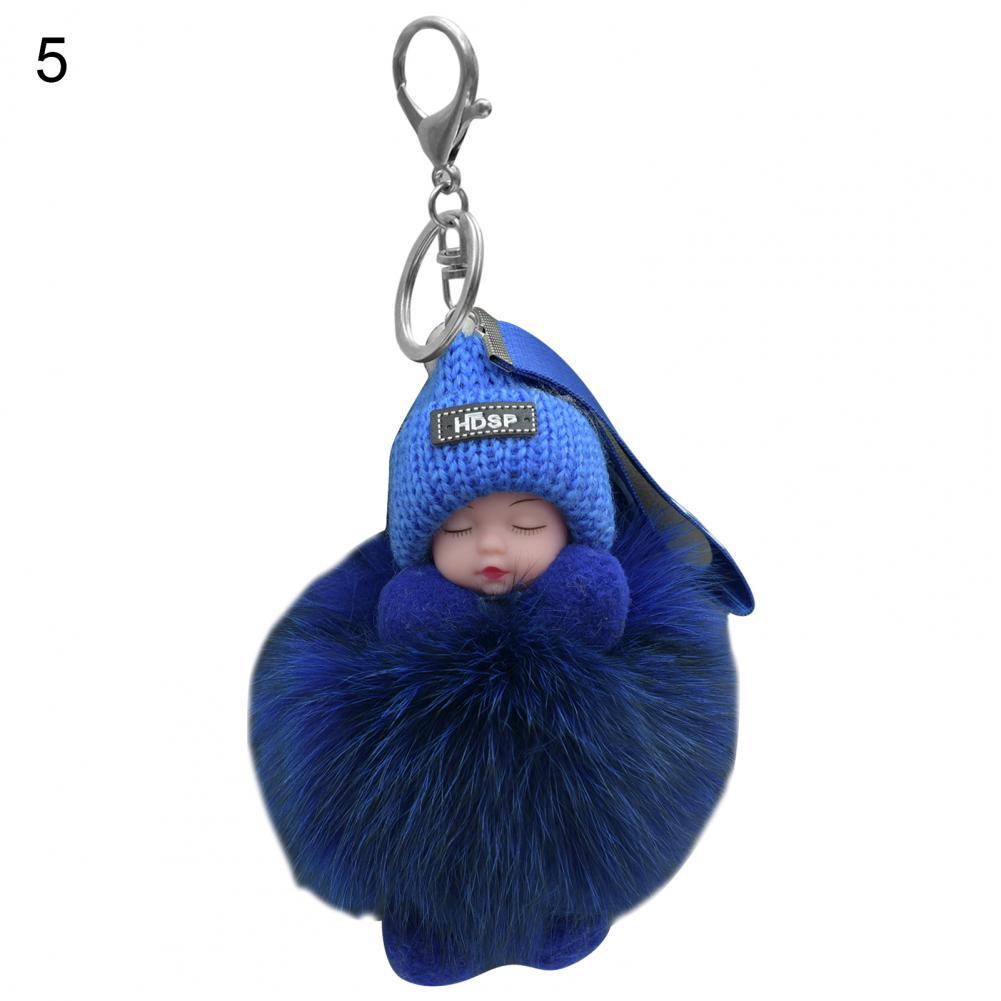 Pompom Sleeping Baby Keychain Cute Fluffy Plush Doll Fashion Multi-colored Knitted Hat Wear Cars Key Ring Gift for Women-baby keychain-5-All10dollars.com