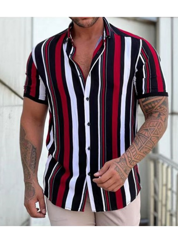 Fashion Stripes Gents Summer Shirt-Mens Short Sleeved Shirt linen-red 1-M-All10dollars.com