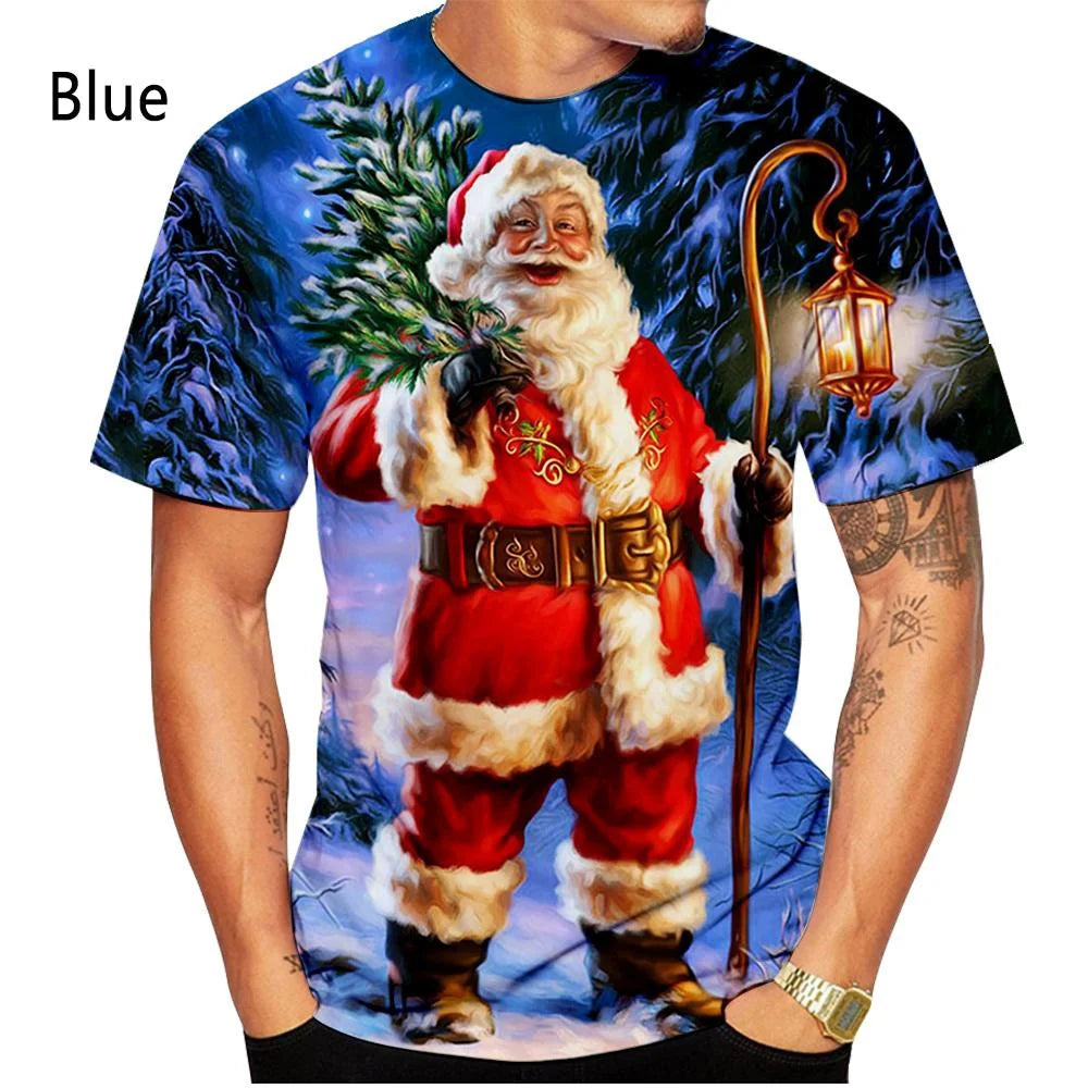 3D Printed T-shirts Christmas T-shirts Men and Women Short Sleeved Santa Shirt Tops-Blue-XS-All10dollars.com