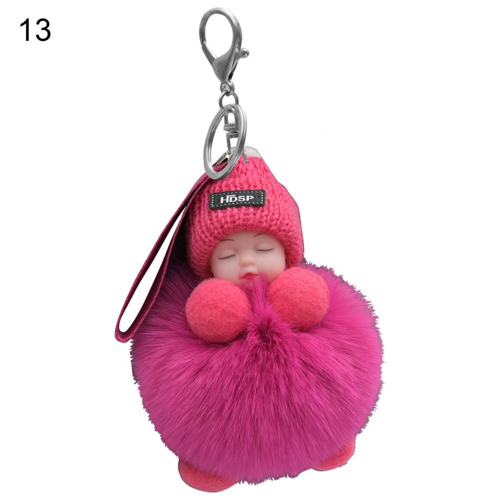 Pompom Sleeping Baby Keychain Cute Fluffy Plush Doll Fashion Multi-colored Knitted Hat Wear Cars Key Ring Gift for Women-baby keychain-13-All10dollars.com