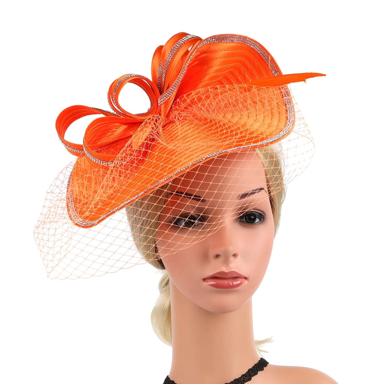 Women Derby Hats Veil Headband Tea Party Fascinator Kentucky Church Hats-wedding hat-Orange-All10dollars.com