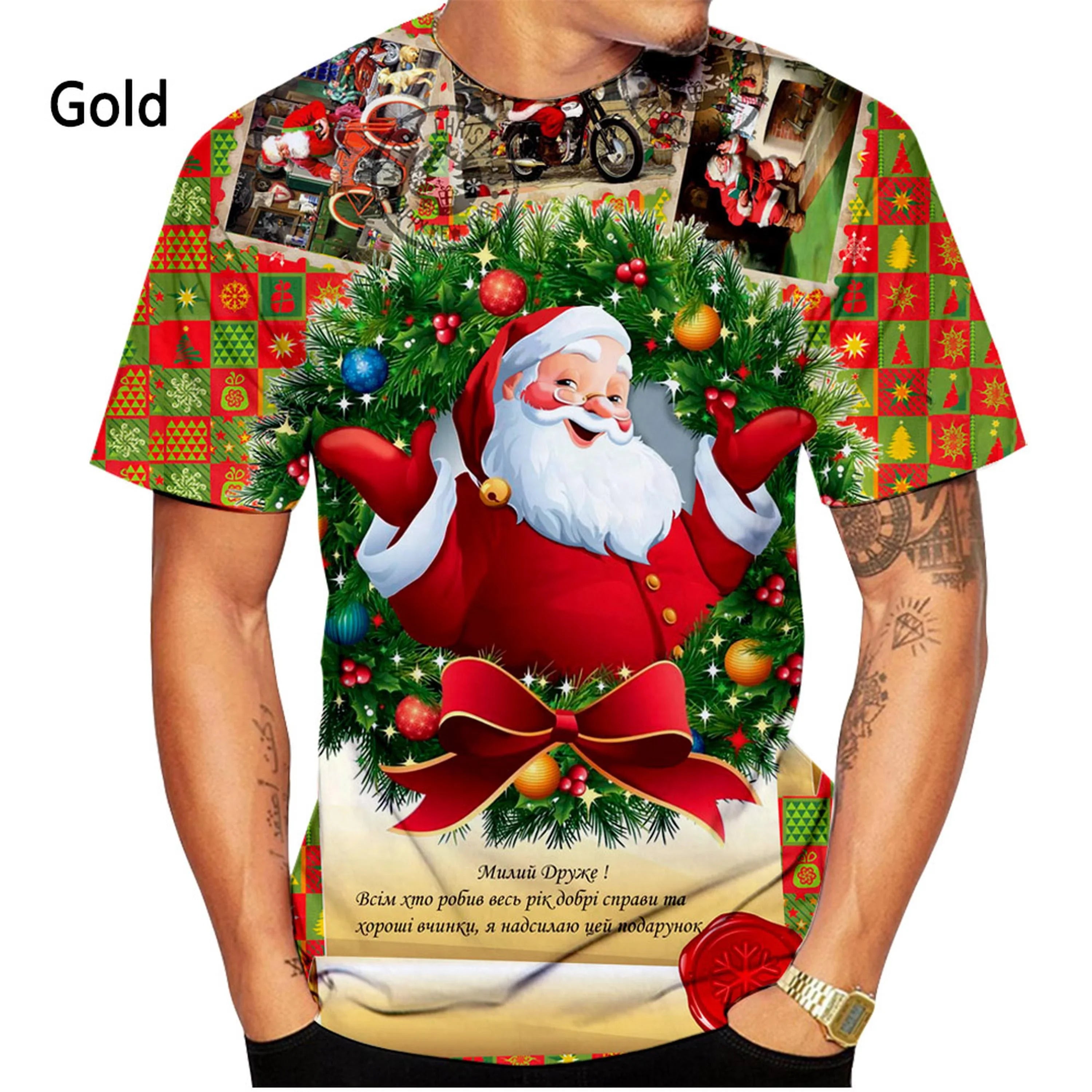 3D Printed T-shirts Christmas T-shirts Men and Women Short Sleeved Santa Shirt Tops-Gold-XS-All10dollars.com