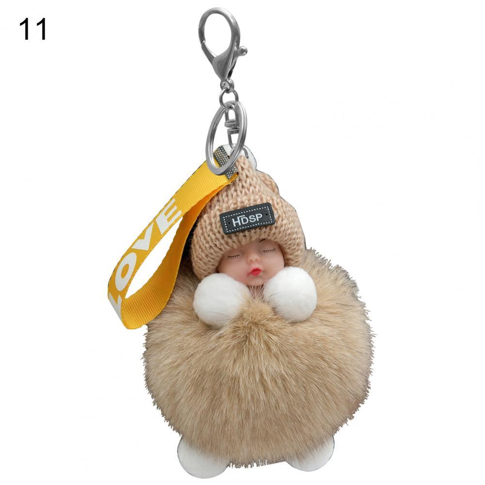Pompom Sleeping Baby Keychain Cute Fluffy Plush Doll Fashion Multi-colored Knitted Hat Wear Cars Key Ring Gift for Women-baby keychain-11-All10dollars.com