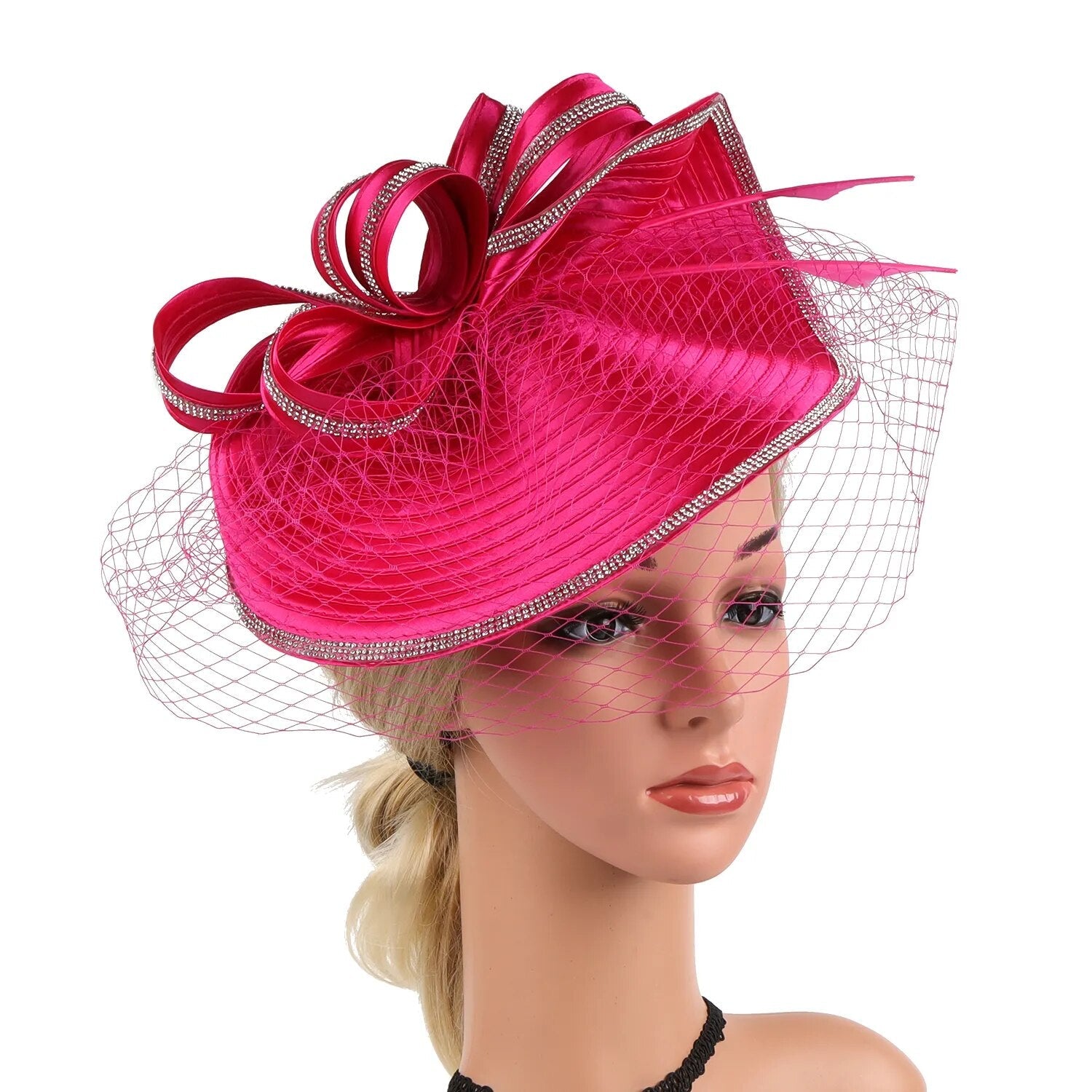 Women Derby Hats Veil Headband Tea Party Fascinator Kentucky Church Hats-wedding hat-Rose red-All10dollars.com