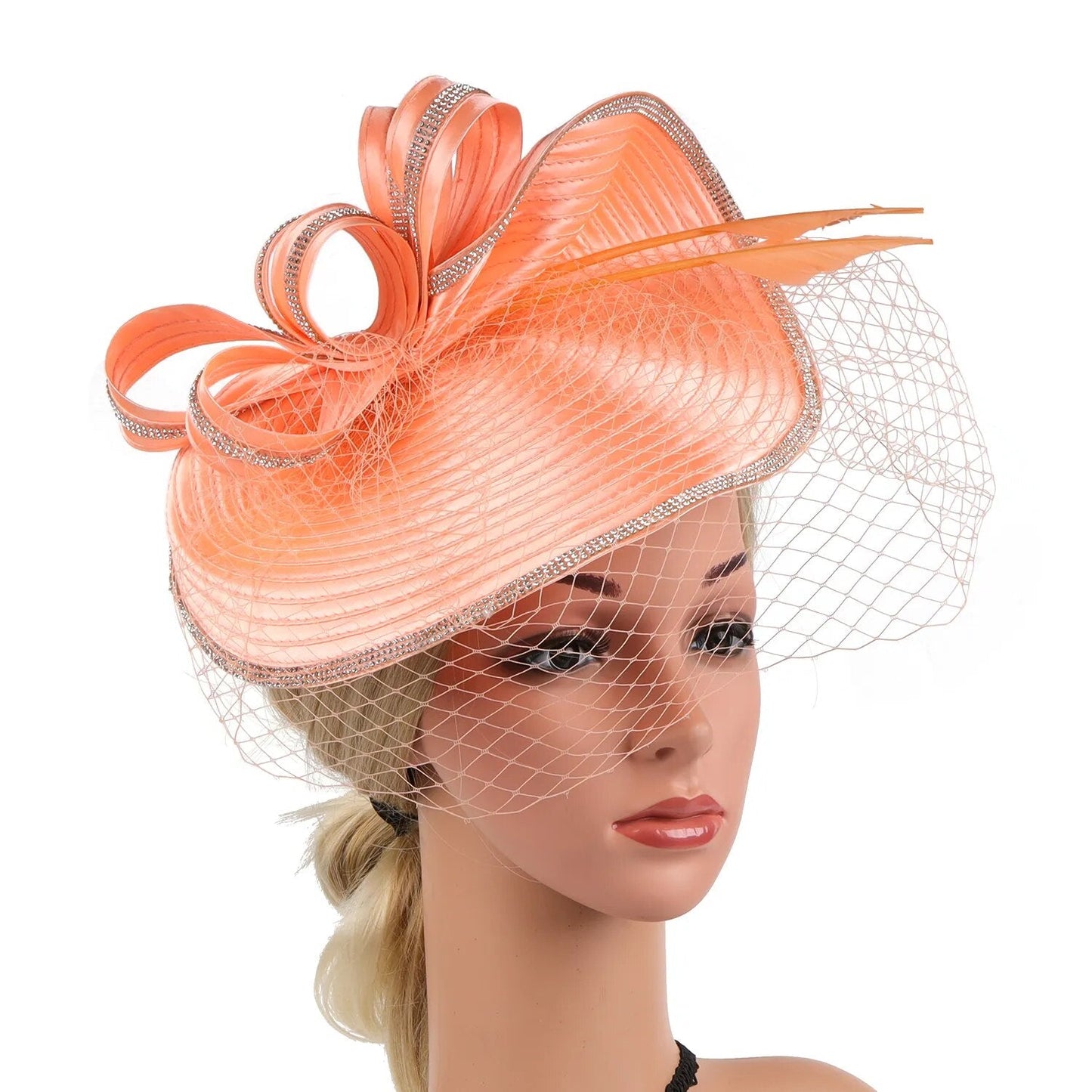 Women Derby Hats Veil Headband Tea Party Fascinator Kentucky Church Hats-wedding hat-peach-All10dollars.com