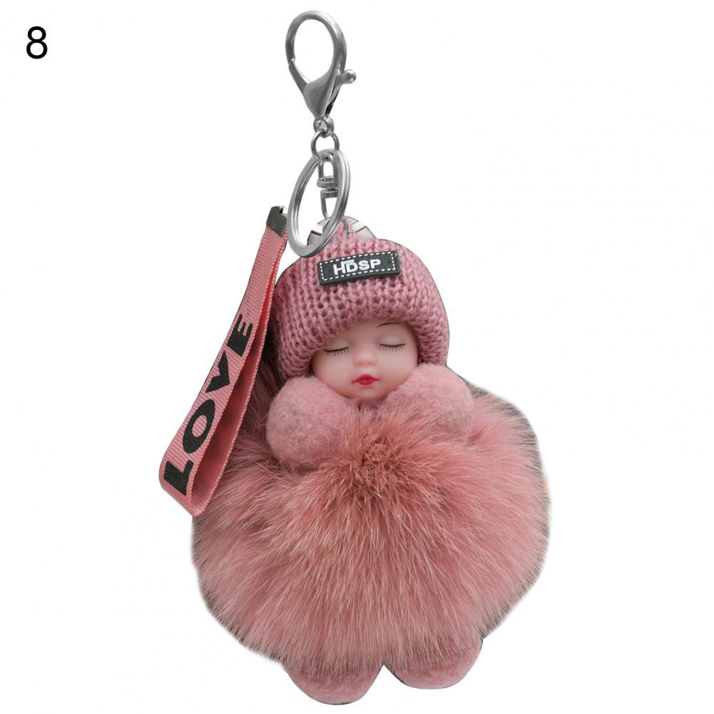 Pompom Sleeping Baby Keychain Cute Fluffy Plush Doll Fashion Multi-colored Knitted Hat Wear Cars Key Ring Gift for Women-baby keychain-8-All10dollars.com