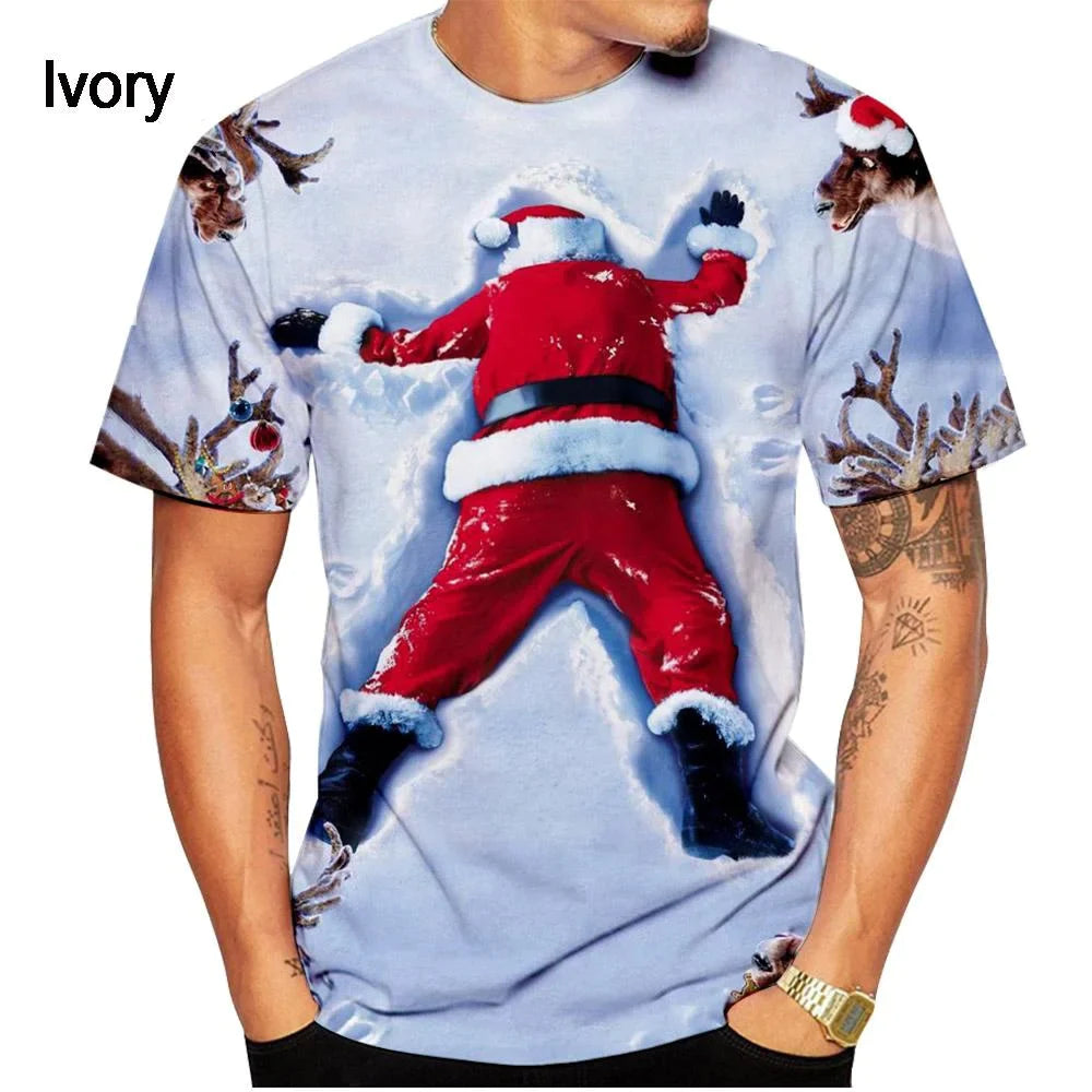 3D Printed T-shirts Christmas T-shirts Men and Women Short Sleeved Santa Shirt Tops-Ivory-XS-All10dollars.com