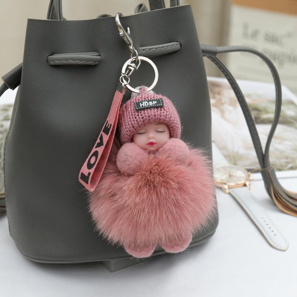 Pompom Sleeping Baby Keychain Cute Fluffy Plush Doll Fashion Multi-colored Knitted Hat Wear Cars Key Ring Gift for Women-baby keychain-All10dollars.com