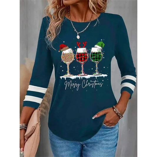 Green Christmas Sweater Women Girl Wine Cup 3d Printing T-Shirt Cotton Long Sleeve Shirt-christmas shirt-W010203-HH11625-S-All10dollars.com