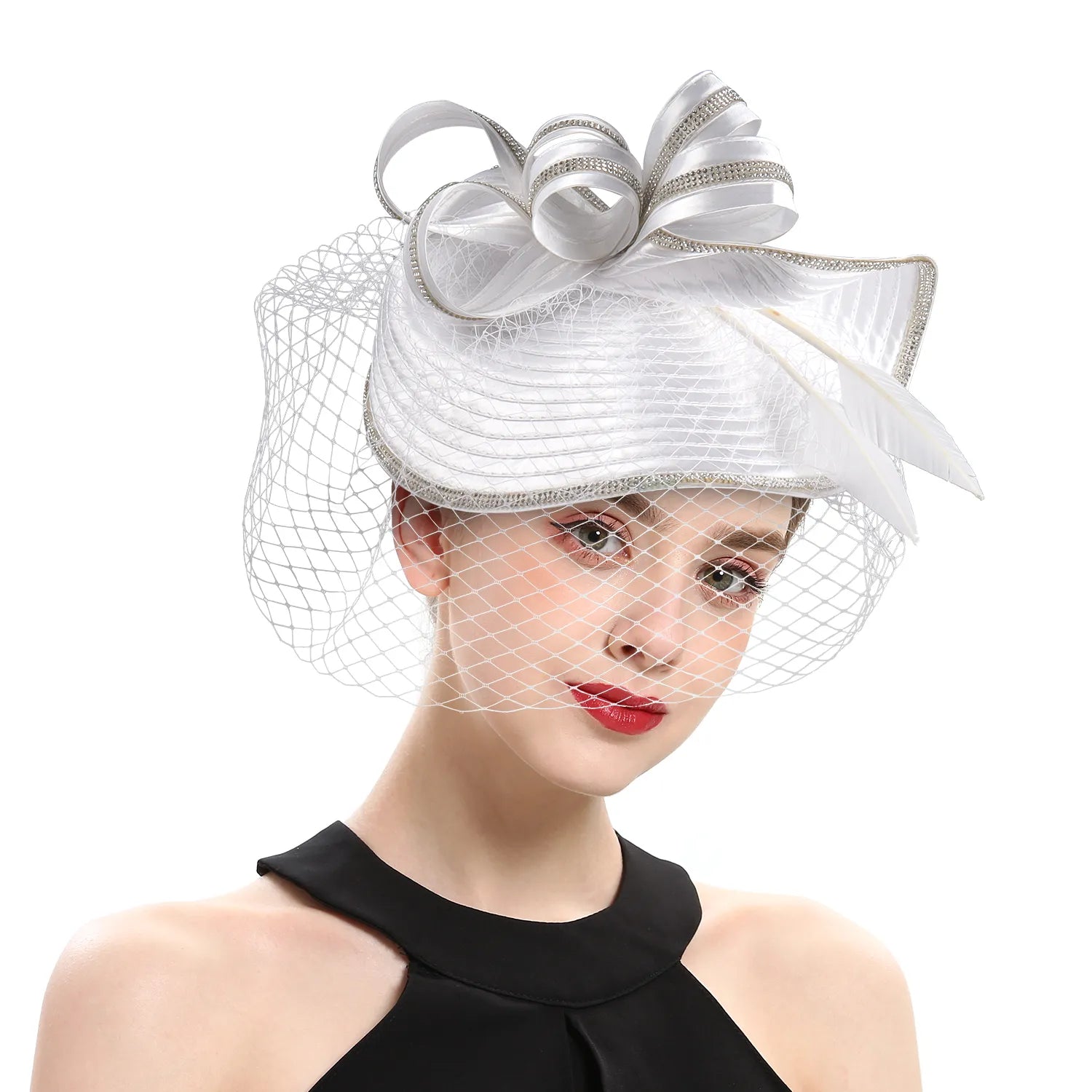 Women Derby Hats Veil Headband Tea Party Fascinator Kentucky Church Hats-wedding hat-White-All10dollars.com