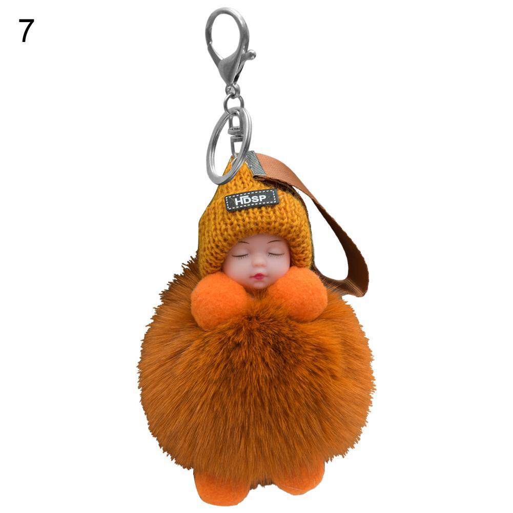 Pompom Sleeping Baby Keychain Cute Fluffy Plush Doll Fashion Multi-colored Knitted Hat Wear Cars Key Ring Gift for Women-baby keychain-7-All10dollars.com