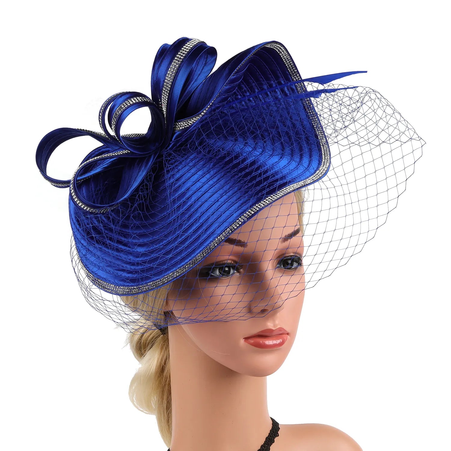 Women Derby Hats Veil Headband Tea Party Fascinator Kentucky Church Hats-wedding hat-Royal blue-All10dollars.com