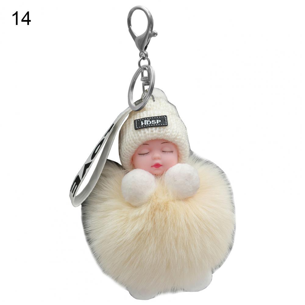 Pompom Sleeping Baby Keychain Cute Fluffy Plush Doll Fashion Multi-colored Knitted Hat Wear Cars Key Ring Gift for Women-baby keychain-14-All10dollars.com