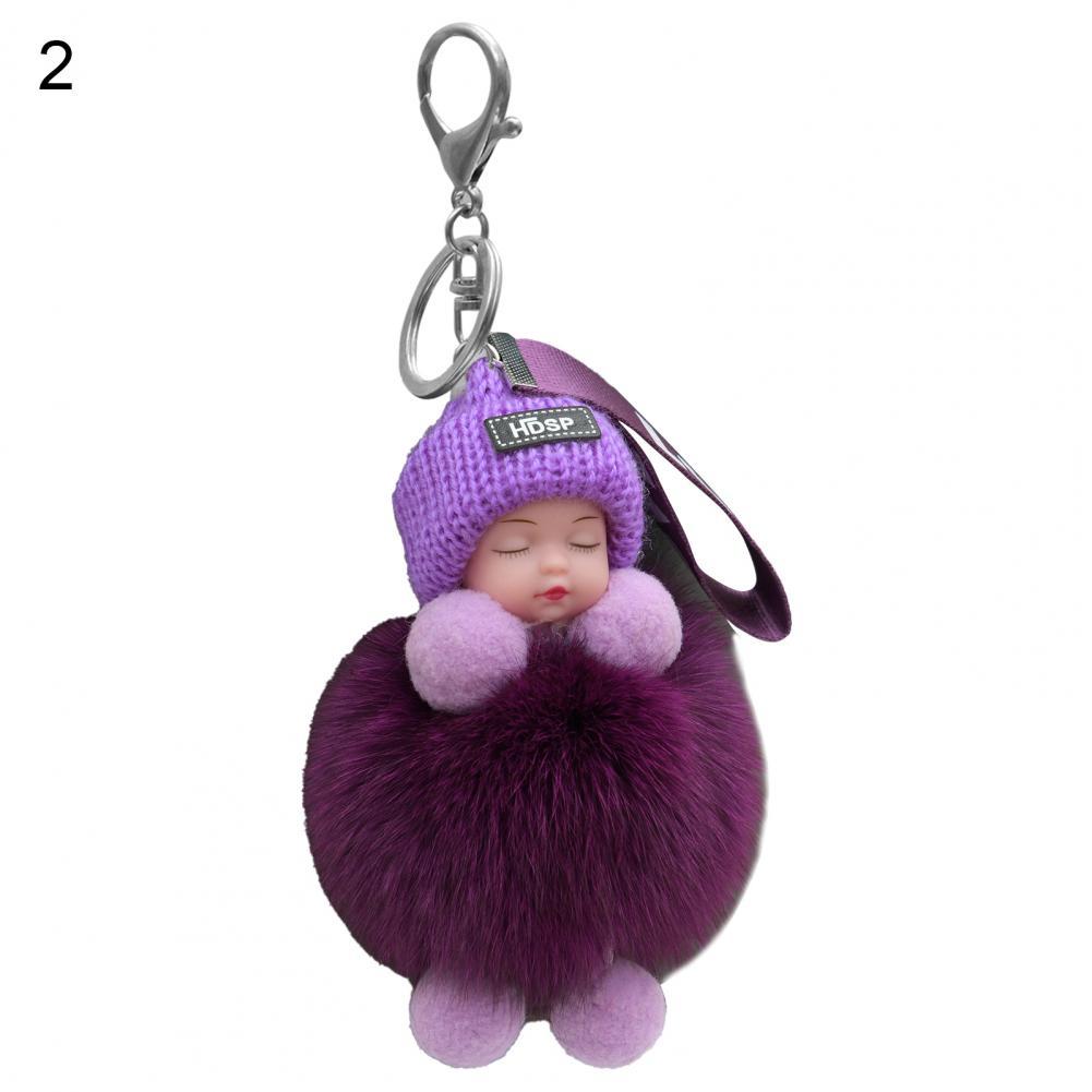 Pompom Sleeping Baby Keychain Cute Fluffy Plush Doll Fashion Multi-colored Knitted Hat Wear Cars Key Ring Gift for Women-baby keychain-2-All10dollars.com