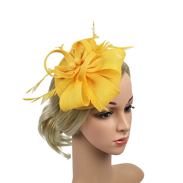 Women Fascinator Cocktail Hair Clips Flower Mesh Feather Hair Bands Ladies Elegant Hair Accessories For Wedding Party Headpieces-Yellow-United States-All10dollars.com