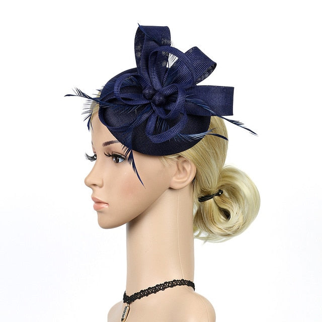 Women Fascinator Cocktail Hair Clips Flower Mesh Feather Hair Bands Ladies Elegant Hair Accessories For Wedding Party Headpieces-Navy-United States-All10dollars.com