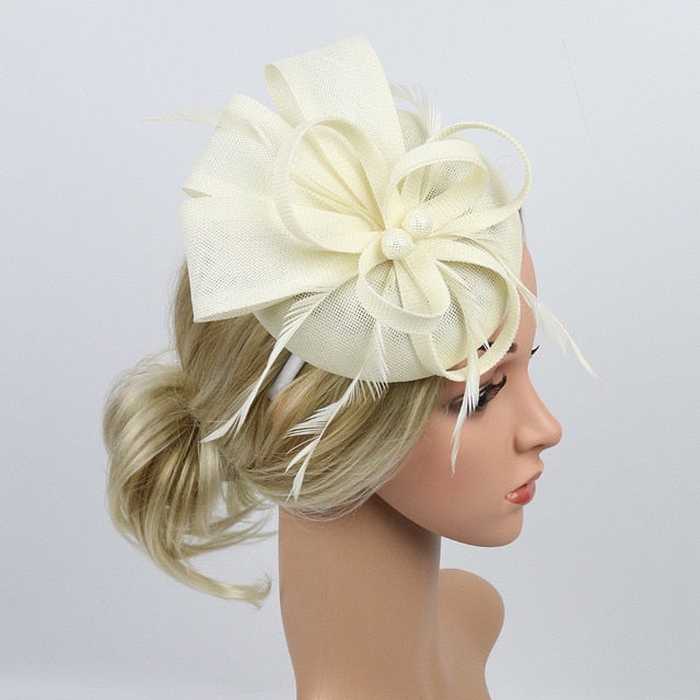 Women Fascinator Cocktail Hair Clips Flower Mesh Feather Hair Bands Ladies Elegant Hair Accessories For Wedding Party Headpieces-Beige-United States-All10dollars.com