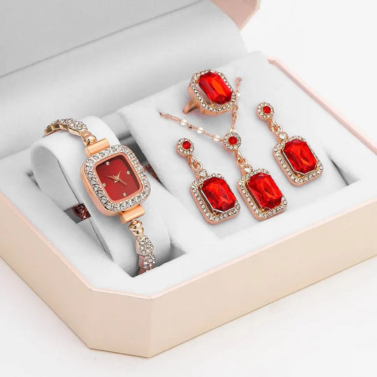 5PCS Set Luxury Square Rose Gold Red Watch-Women jewelry set-All10dollars.com