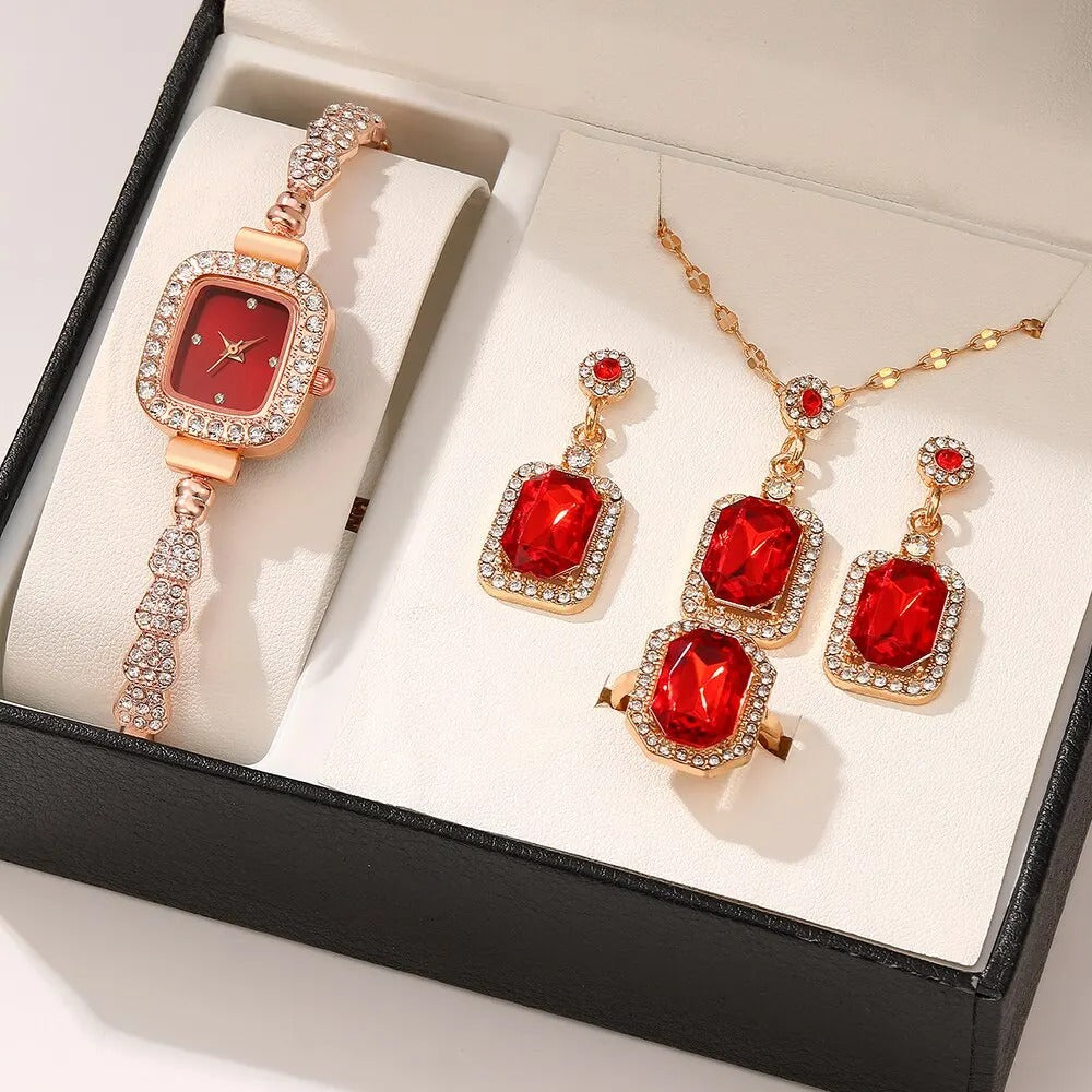 5PCS Set Luxury Square Rose Gold Red Watch-Women jewelry set-All10dollars.com