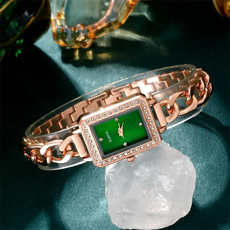 5PCS Set Luxury Square Rose Gold Green Watch-Women jewelry set-All10dollars.com