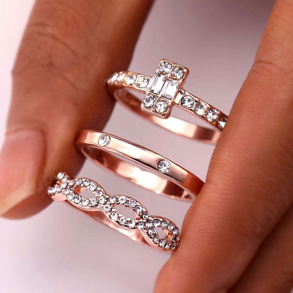 3Pcs/Set Fashion Infinity Rings Set For Women/girls Crystal Twist Ring Couples Gold Engagement Wedding Jewelry-Twist ring-All10dollars.com