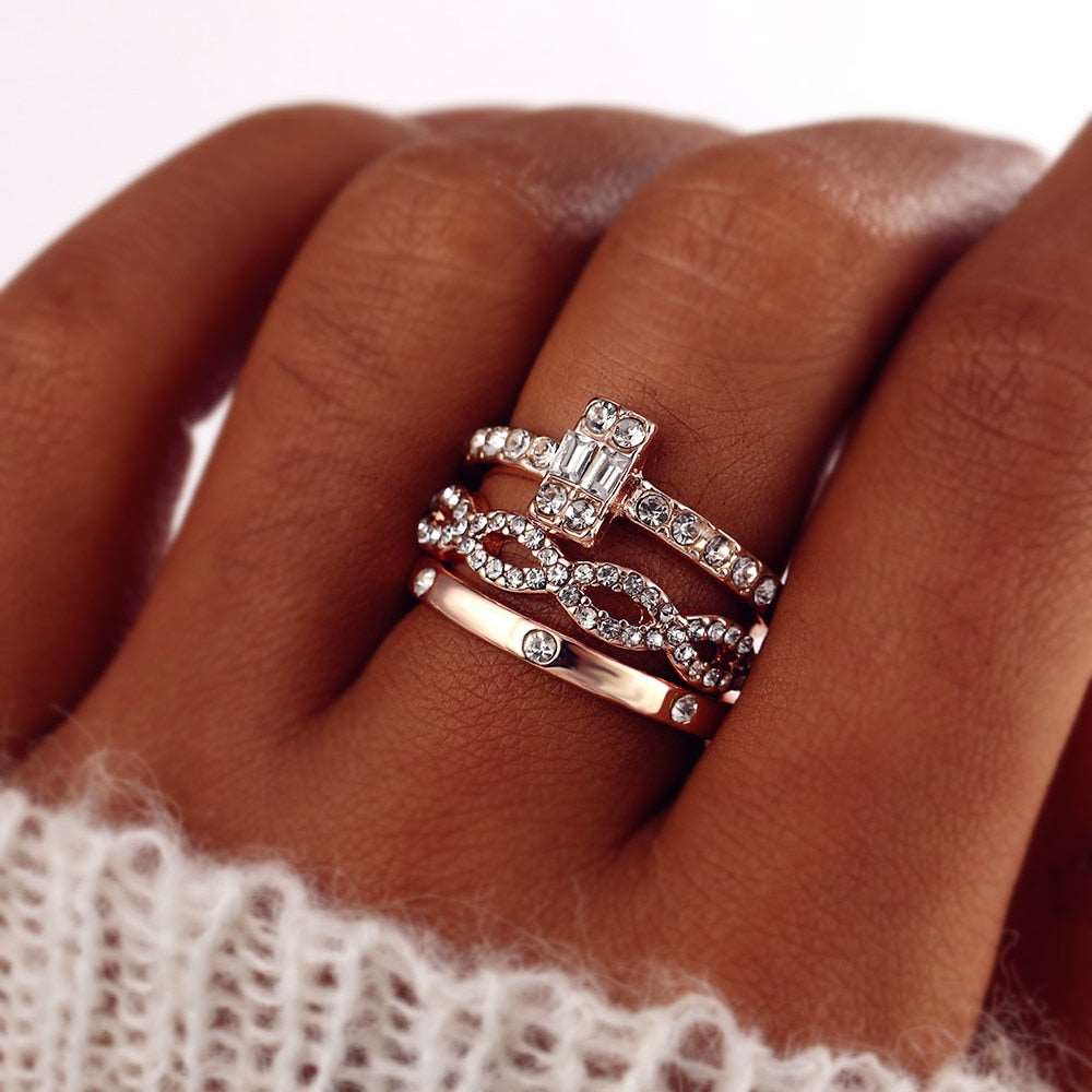 3Pcs/Set Fashion Infinity Rings Set For Women/girls Crystal Twist Ring Couples Gold Engagement Wedding Jewelry-Twist ring-All10dollars.com