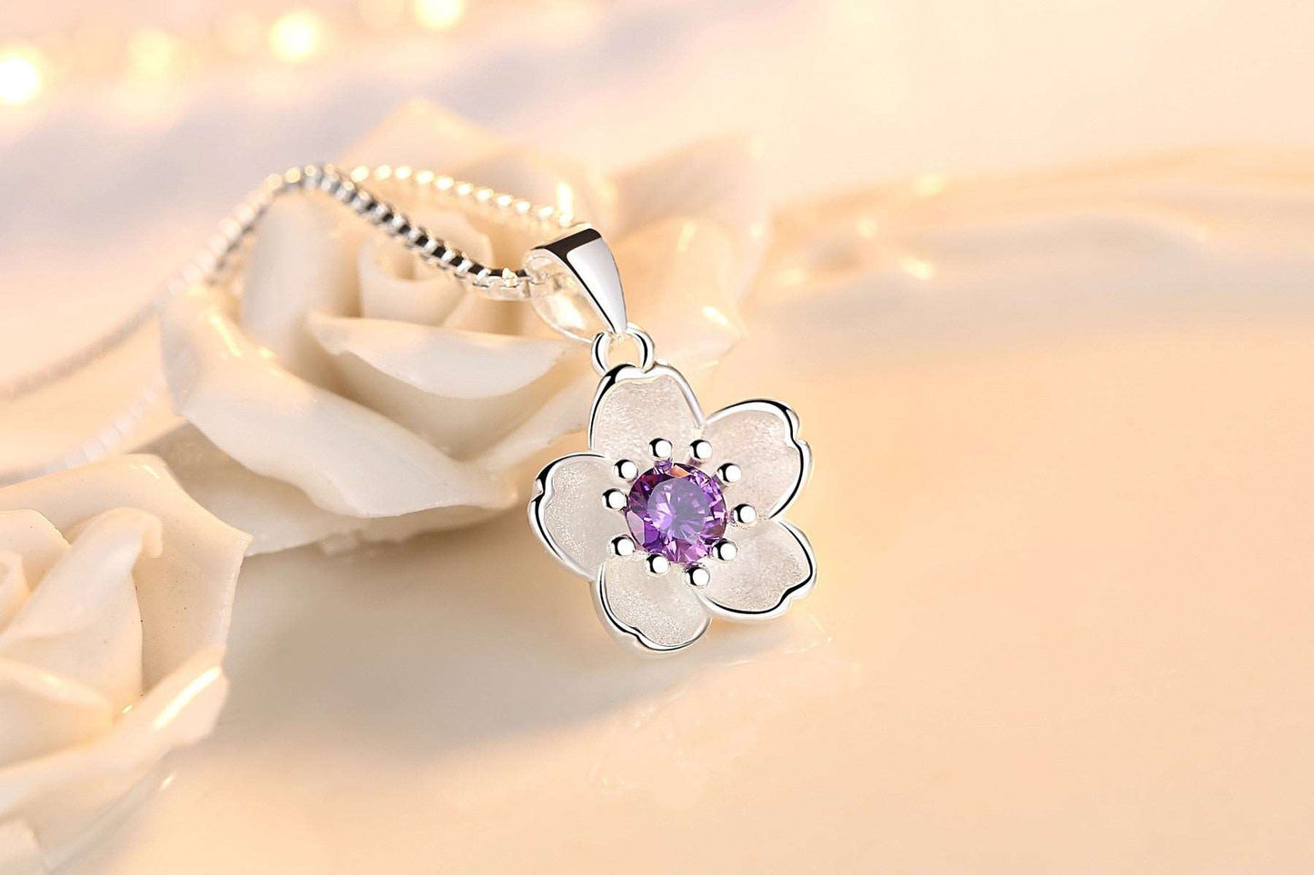 925 Sterling Silver Jewelry Pink Crystal Zircon Flower Pendant Necklace-925 sterling silver necklace-All10dollars.com
