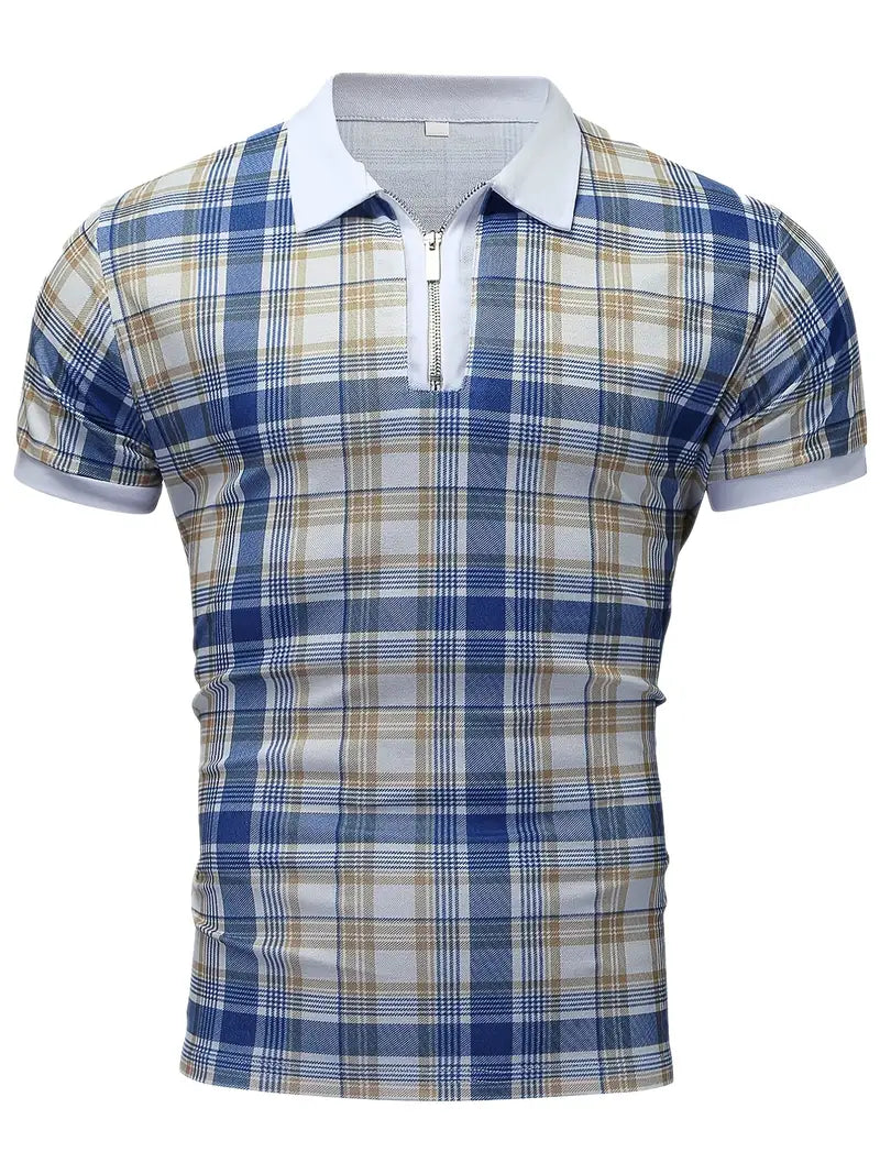 Men's Summer Polo Shirt Plaid Zipper Slim Fit-Polo Shirt-S(36)-All10dollars.com