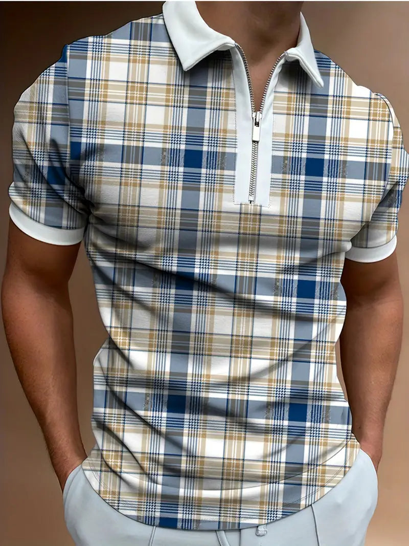 Men's Summer Polo Shirt Plaid Zipper Slim Fit-Polo Shirt-All10dollars.com